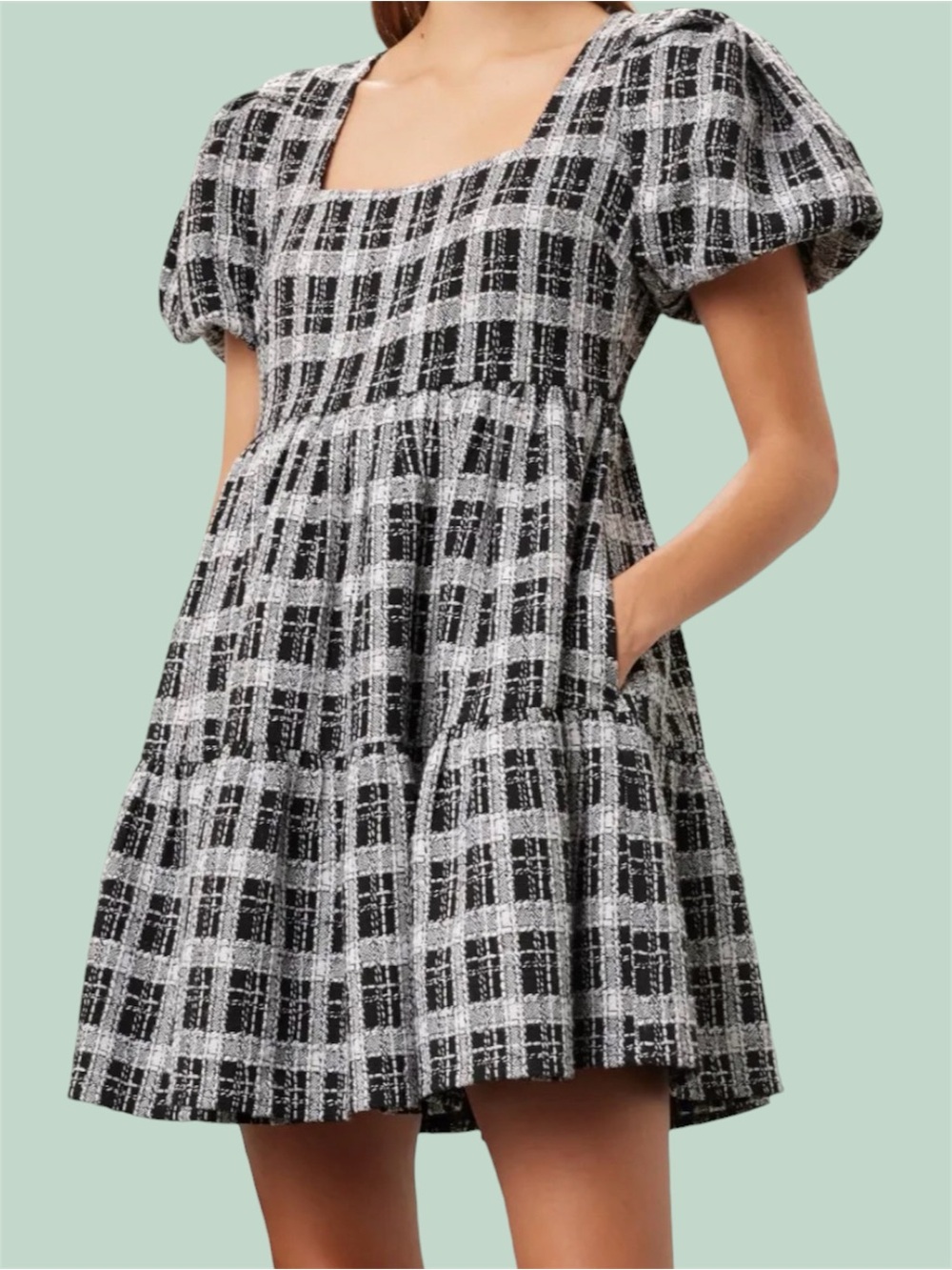 English Factory Black and White Puff Sleeve Tweed Mini Dress